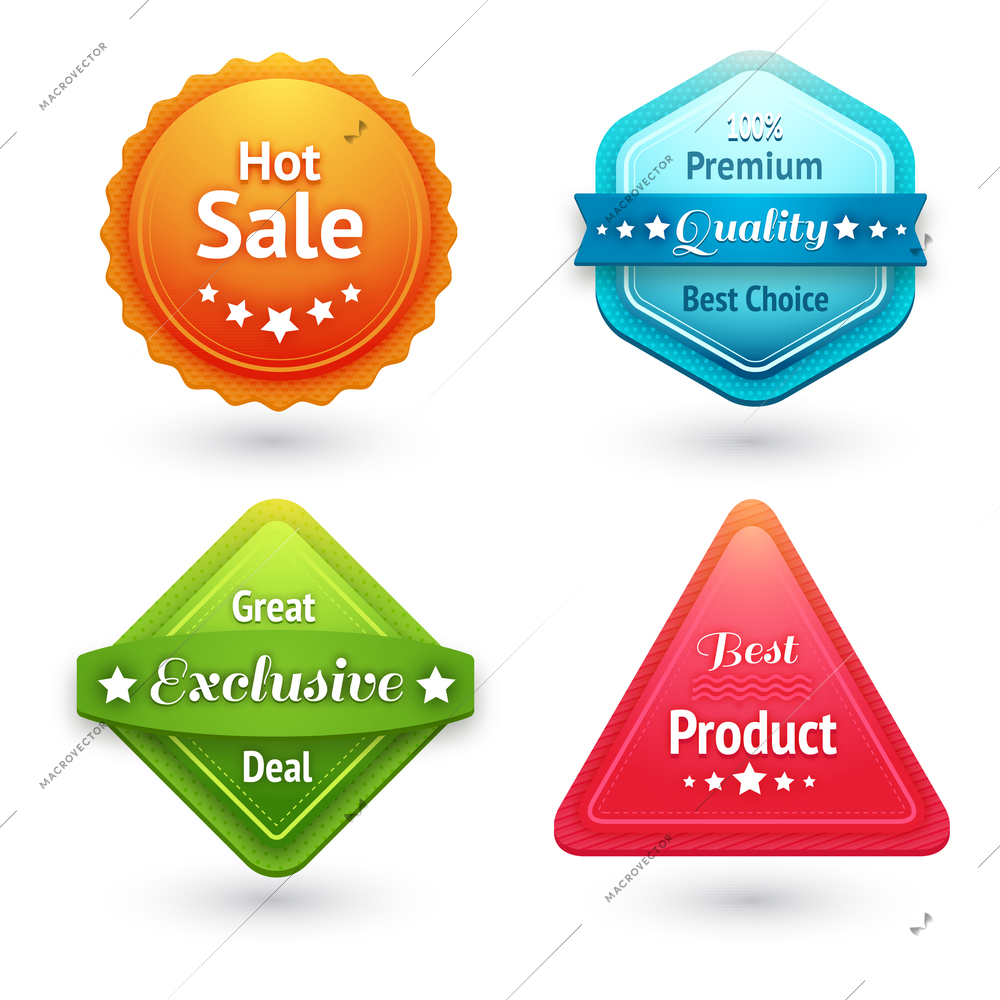 Collection of sale labels stickers or tags for best price high quality and exclusive deal isolated vector illustration