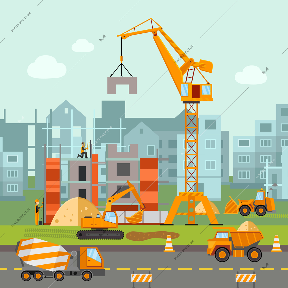 Building work process with houses and construction machines flat vector illustration