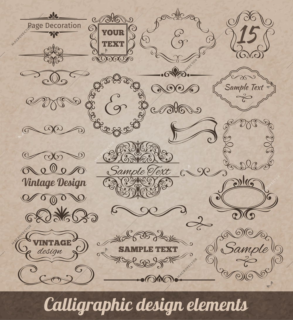 Calligraphic design elements set with card decoration scrolls and vignettes isolated vector illustration