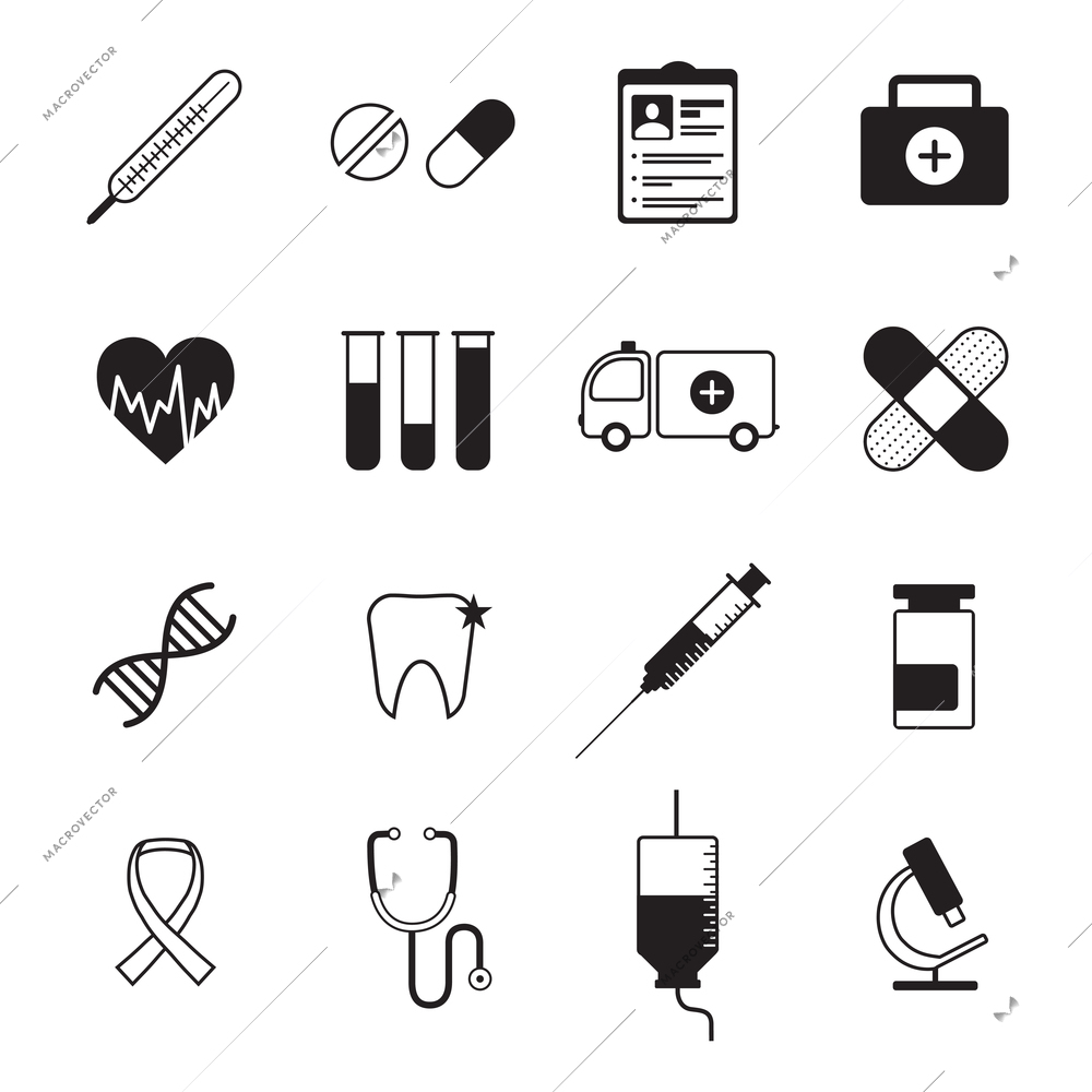 Ambulatory healthcare medical  icons set with heart rate symbol and blood test abstract black isolated vector illustration