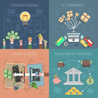 Bank design concept set with crowdfunding e-commerce investments flat icons isolated vector illustration