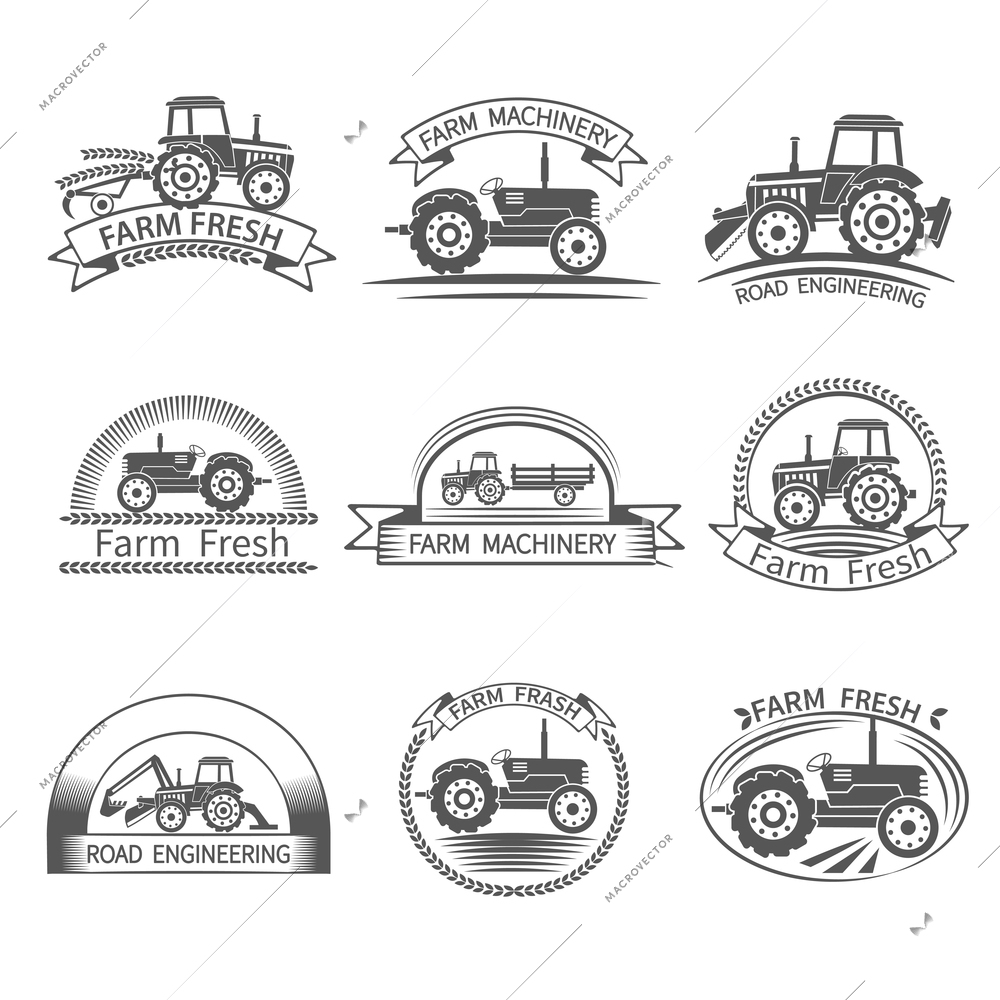 Tractor driver farm and construction machinery label set isolated vector illustration