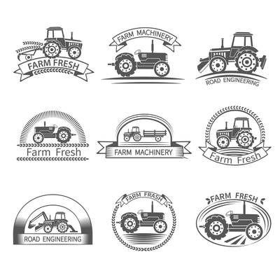 Tractor driver farm and construction machinery label set isolated vector illustration