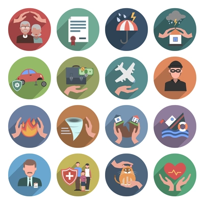 Insurance icons flat set with natural disasters health and property protection symbols isolated vector illustration