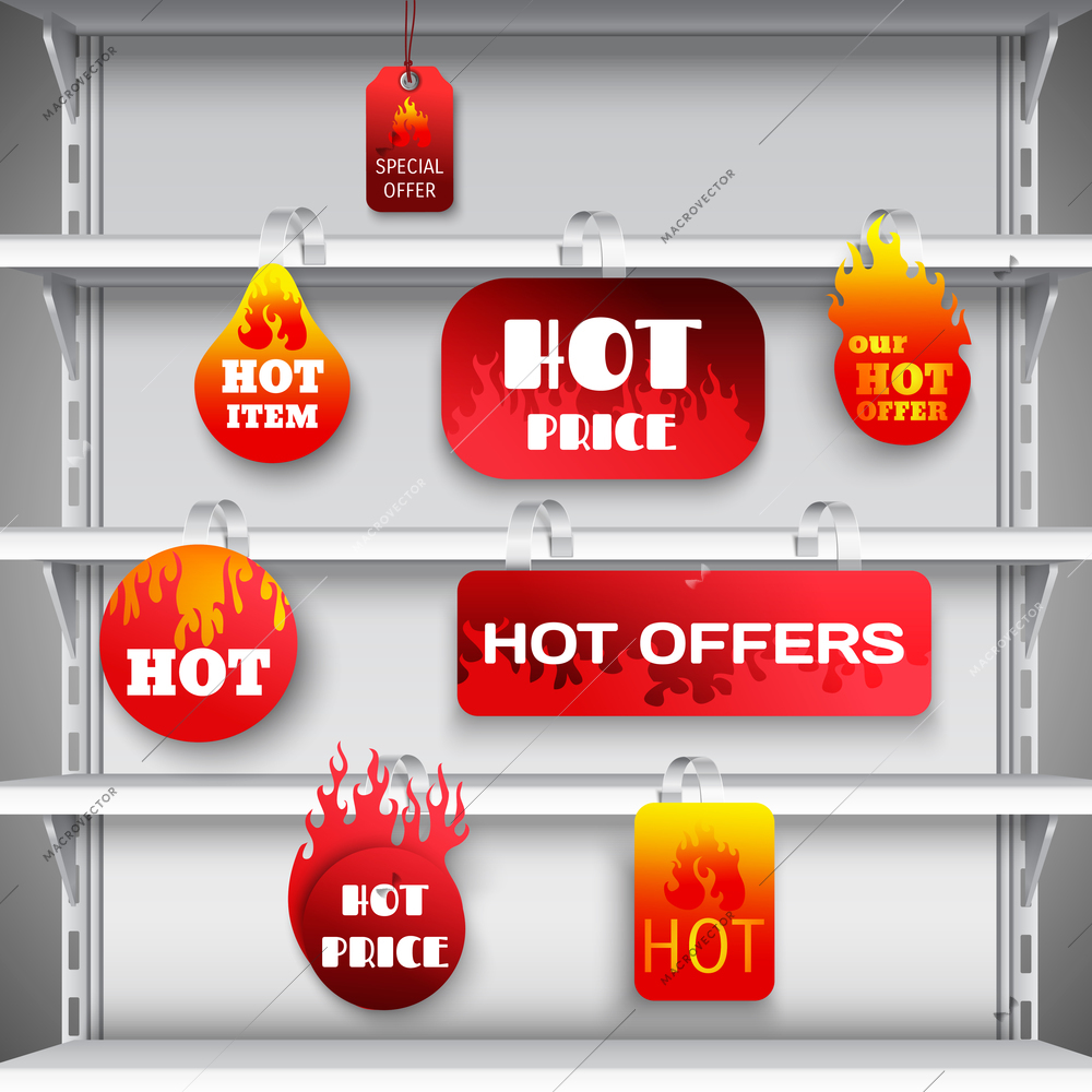 Hot sale clearance discount prices red  wobblers on empty department store display racks advertisement realistic vector illustration