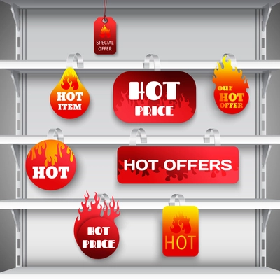 Hot sale clearance discount prices red  wobblers on empty department store display racks advertisement realistic vector illustration