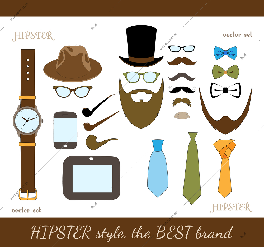 Hipster accessory icons set of hat glasses mustache beard bow and tie vector illustration