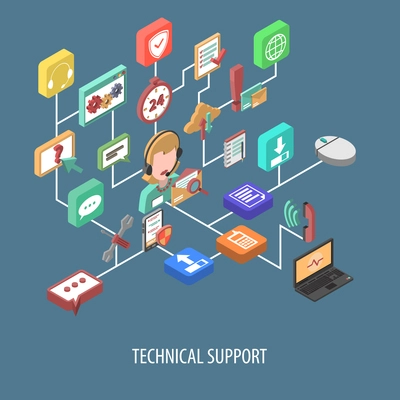 Support isometric flowchart concept with 3d service person and technical communication icons vector illustration