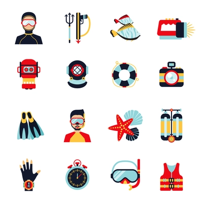 Diving sport icons set with helmet camera lifebelt watch isolated vector illustration