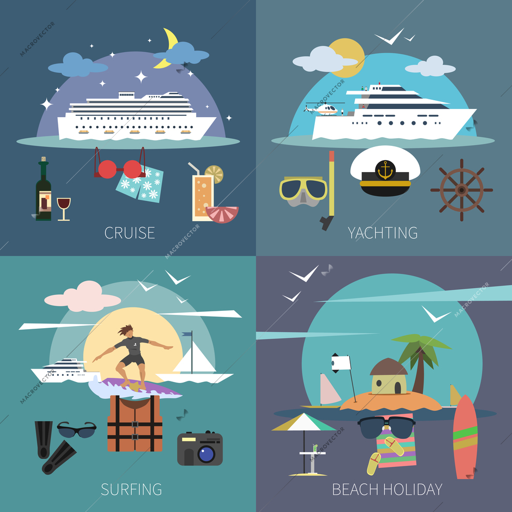 Ship design concept set with cruise yachting surfing beach holiday flat icons isolated vector illustration