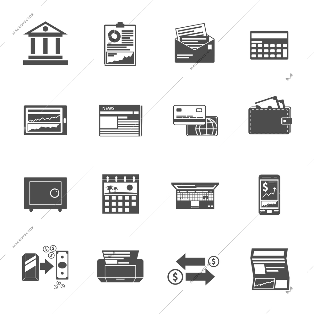 Banking icons black set with cash check investment symbols isolated vector illustration