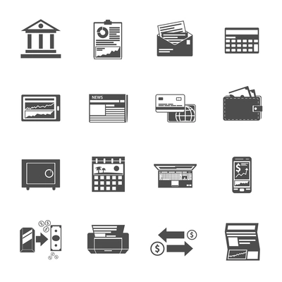 Banking icons black set with cash check investment symbols isolated vector illustration