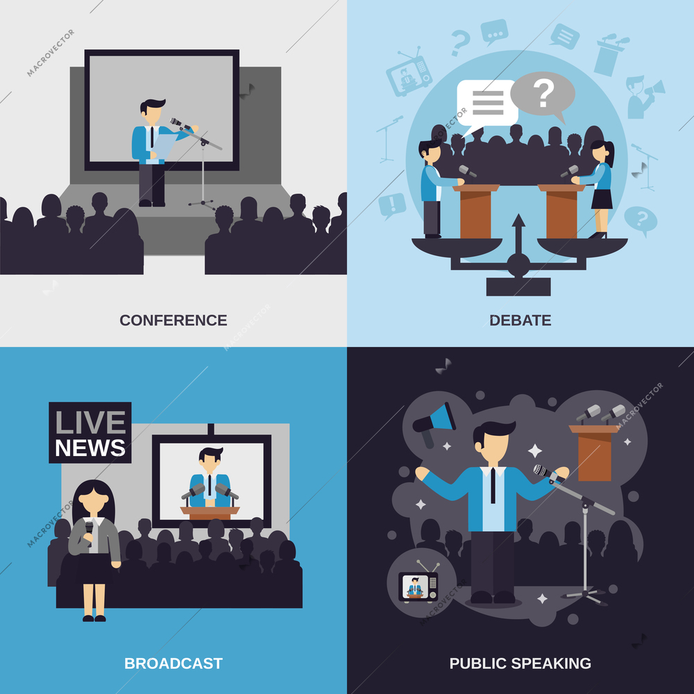 Public speaking design concept set with conference debate broadcast flat icons isolated vector illustration