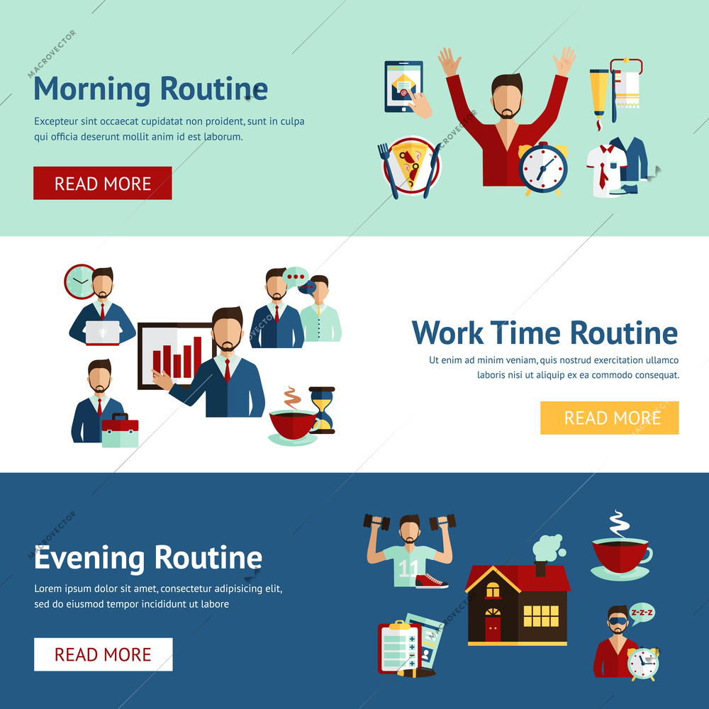 Morning working hours and evening daily routine businessman cartoon character horizontal flat banners abstract isolated vector illustration