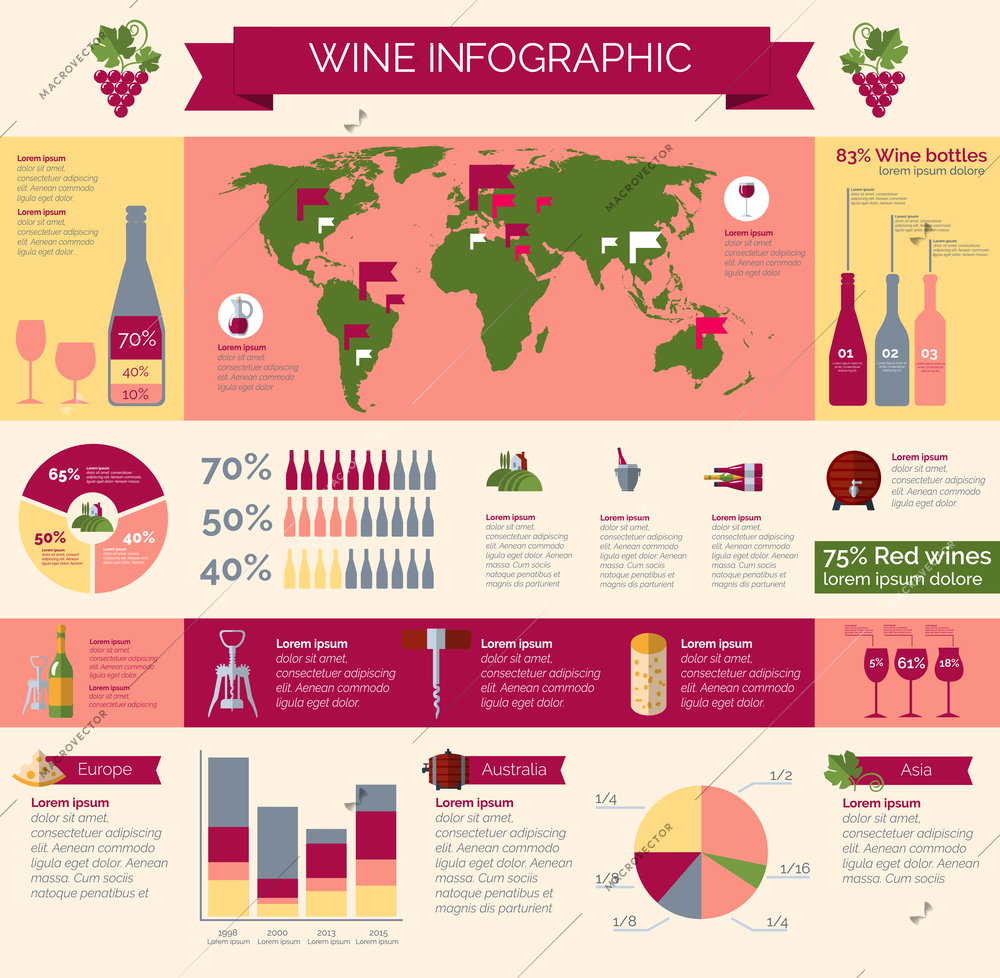 Worldwide wineries production statistic and wine collections distribution and consumption infografic presentation poster print abstract vector illustration