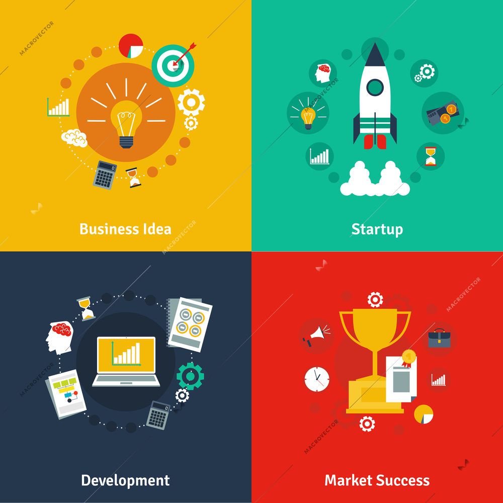 Business market success fresh ideas for startup program concept 4 flat icons composition abstract isolated vector illustration