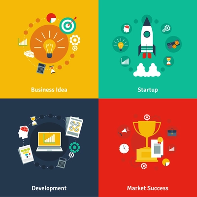 Business market success fresh ideas for startup program concept 4 flat icons composition abstract isolated vector illustration