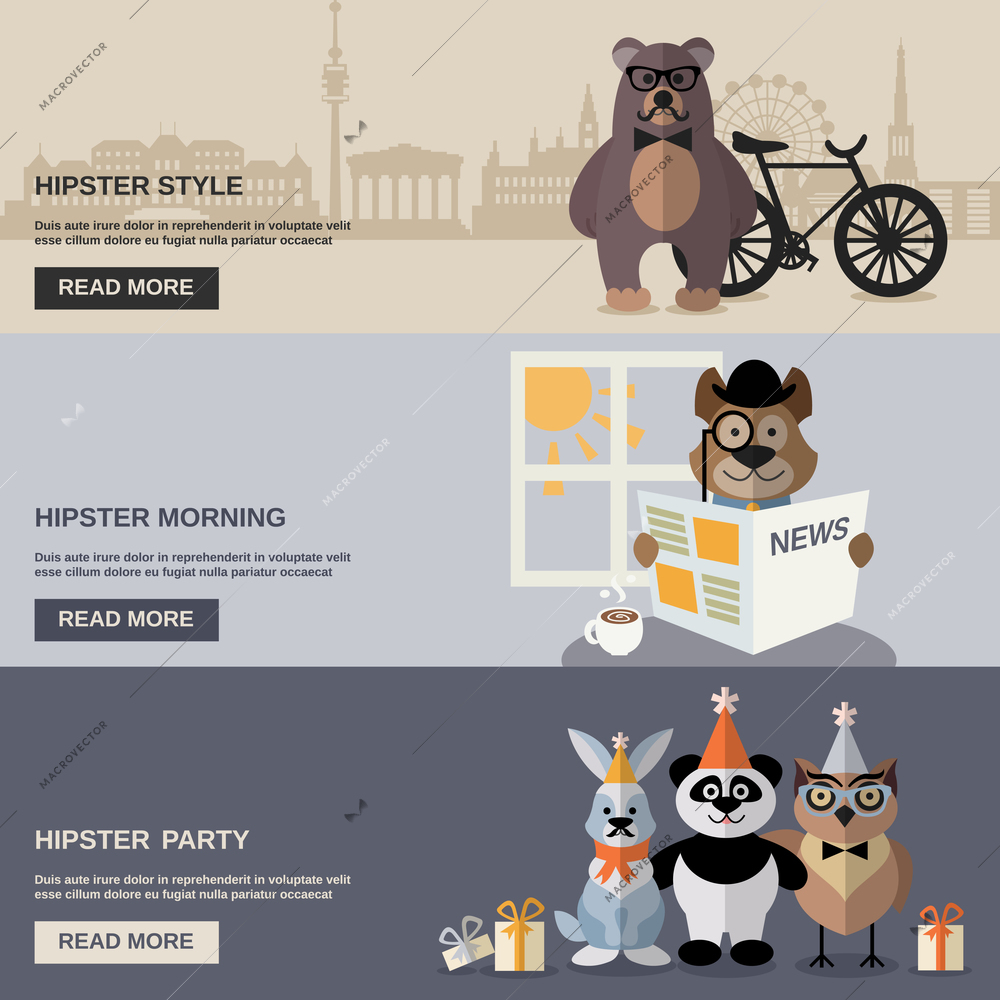 Hipster horizontal banner set with animal characters isolated vector illustration
