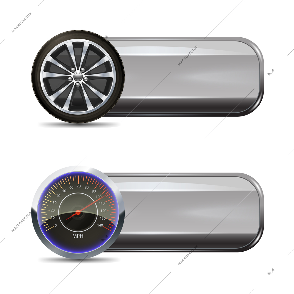 Tire service horizontal banners set with realistic wheel and speedometer elements isolated vector illustration