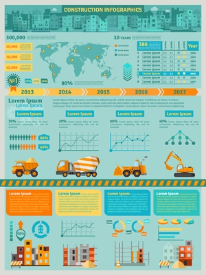 Construction infographics set with building machines symbols and charts vector illustration