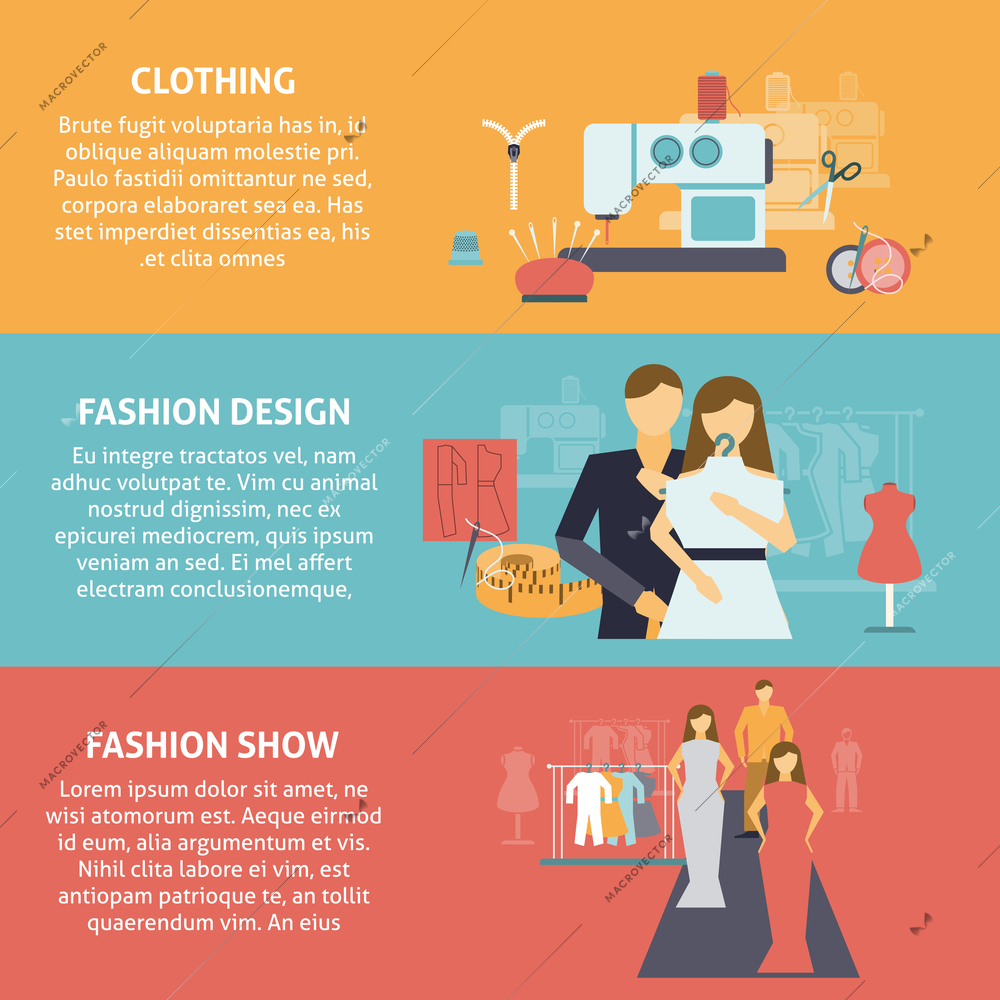 Clothes designer horizontal banners set with clothing production fashion design and show flat isolated vector illustration