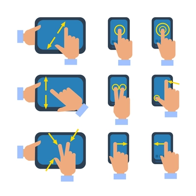 Tablets and smartphones touchscreen gestures turn select enlarge reduce icons set flat isolated vector illustration
