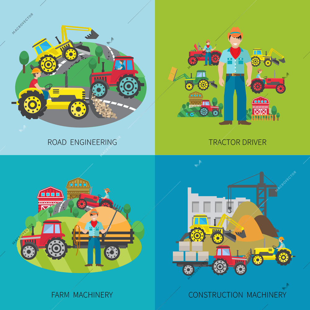 Tractor driver design concept set with road engineering farm and construction machinery flat icons isolated vector illustration