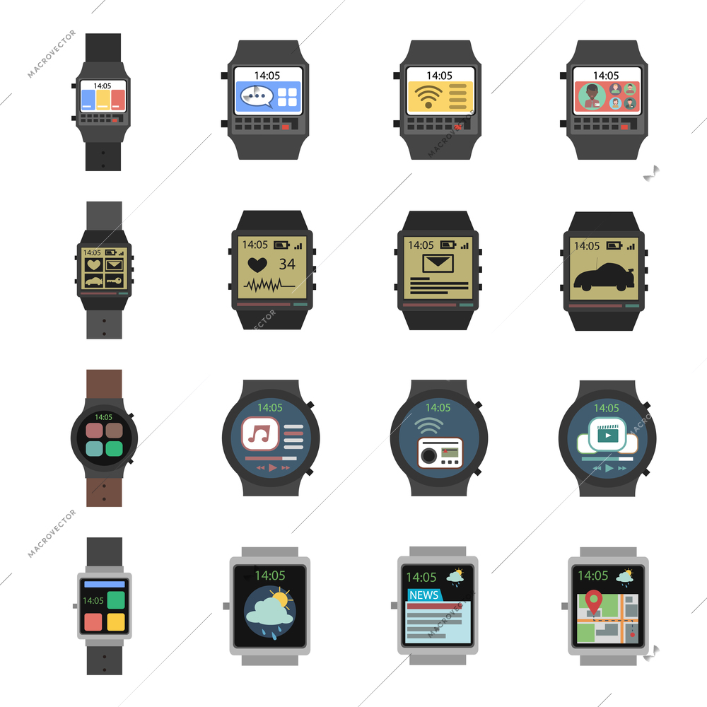 Smart watch modern electronic devices icon flat set isolated vector illustration