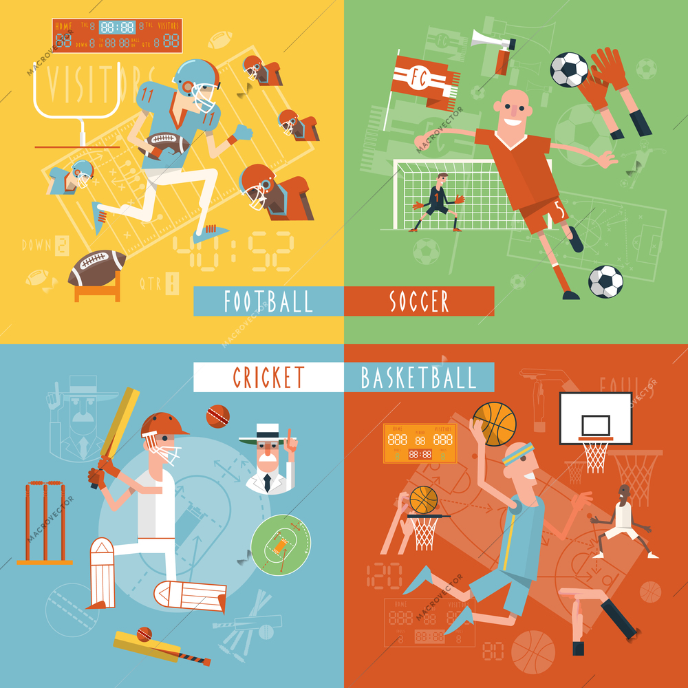 American football basketball soccer and cricket matches 4 flat icons composition square banner abstract isolated vector illustration