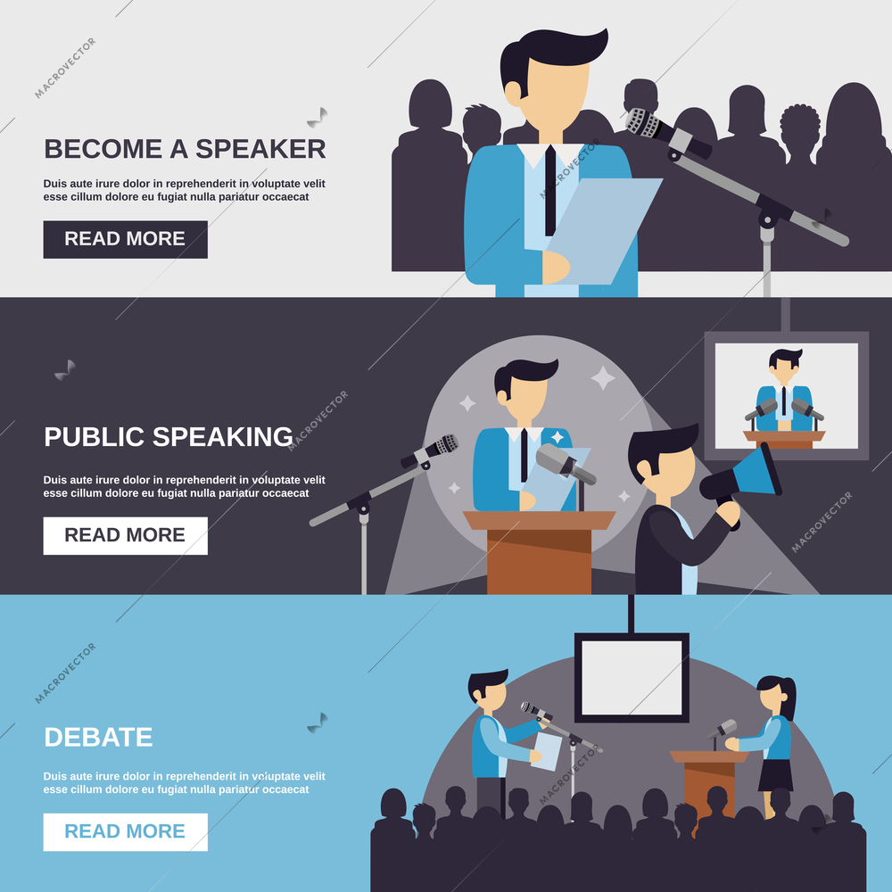 Public speaking banner set with debate elements isolated vector illustration