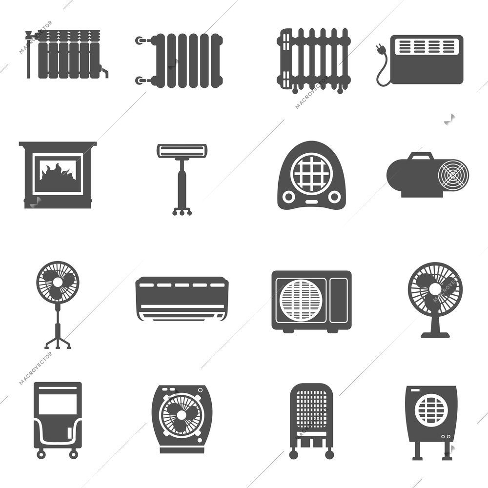 Heating and cooling conditioning system black icon set isolated vector illustration