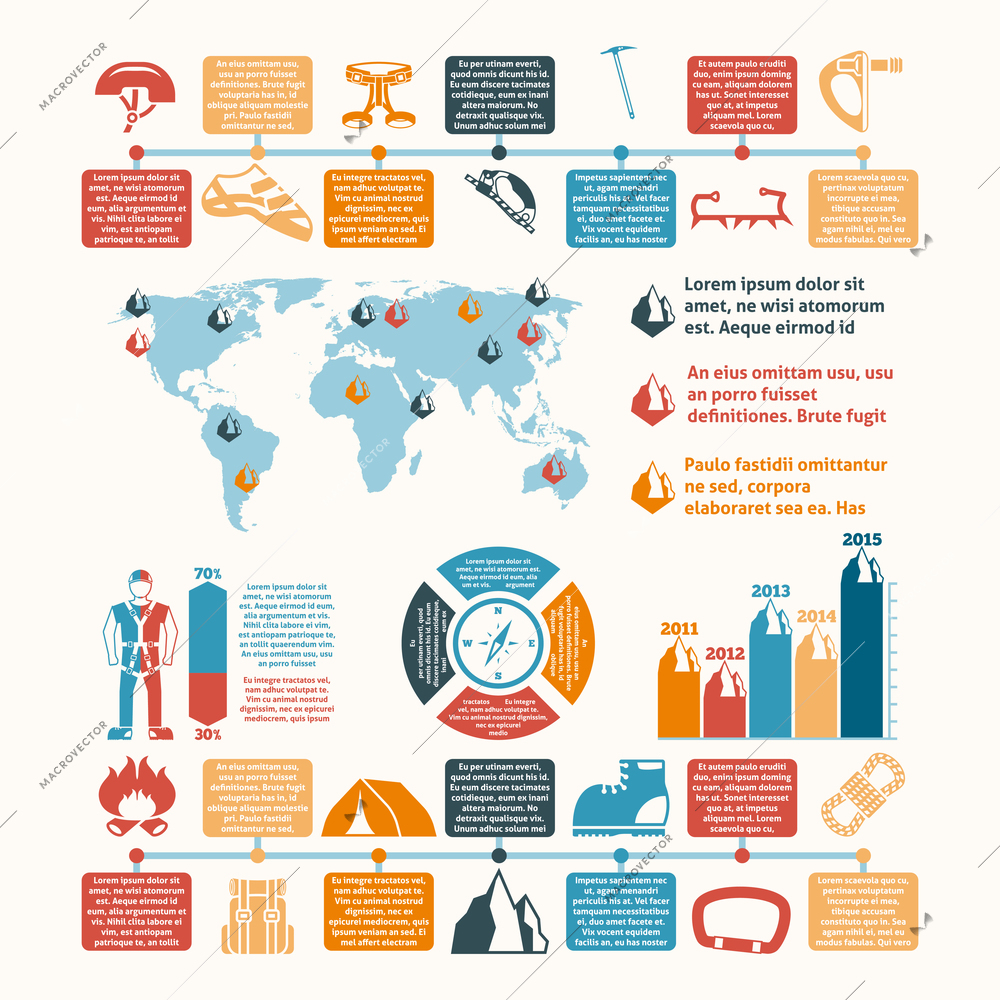 Mountain summit ascent records world map and climbing equipment development infographic chart layout presentation abstract vector illustration