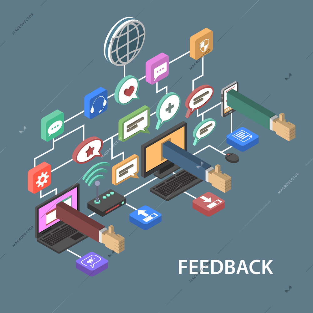 Support feedback concept with isometric communication buttons and human hands vector illustration