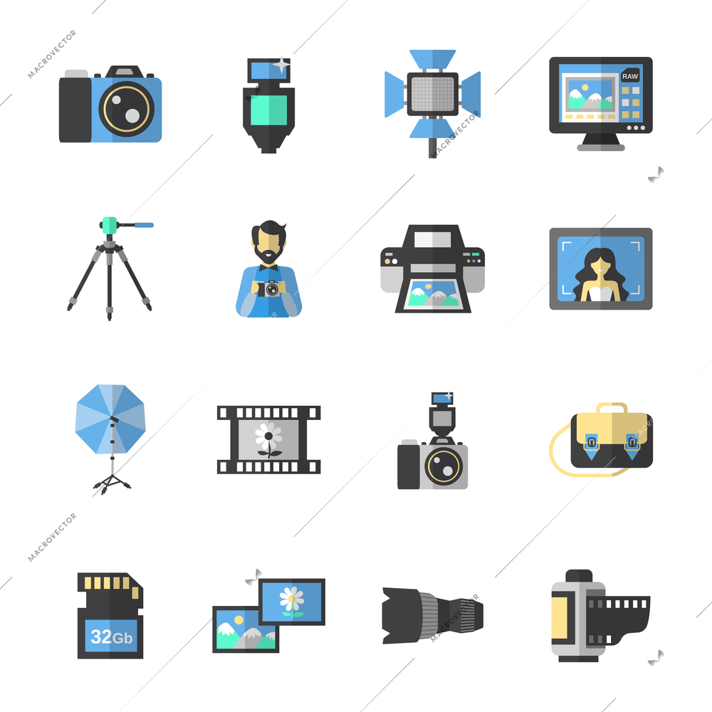 Photography equipment icons flat set with digital camera and editing soft isolated vector illustration