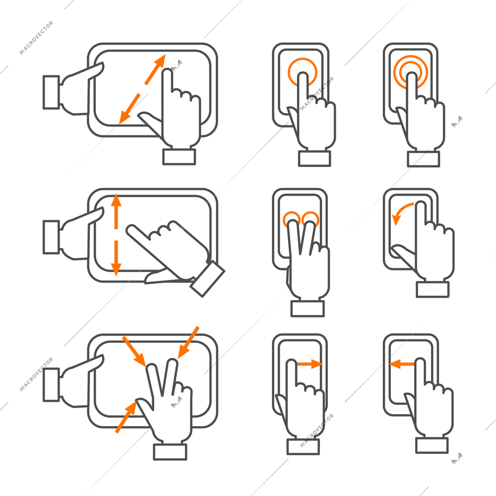 Smartphone gestures with touchscreen orange black outline icons set flat isolated vector illustration