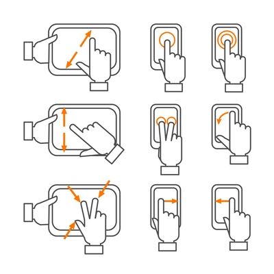 Smartphone gestures with touchscreen orange black outline icons set flat isolated vector illustration