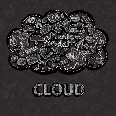 Social communication background with chalkboard doodle icons in cloud vector illustration