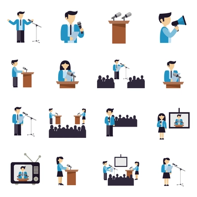 Public speaking businessmen and politicians icons flat set isolated vector illustration