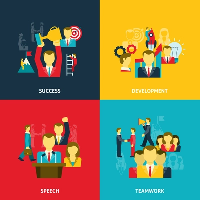 Leadership in business icons set with development teamwork speeches and success flat isolated vector illustration