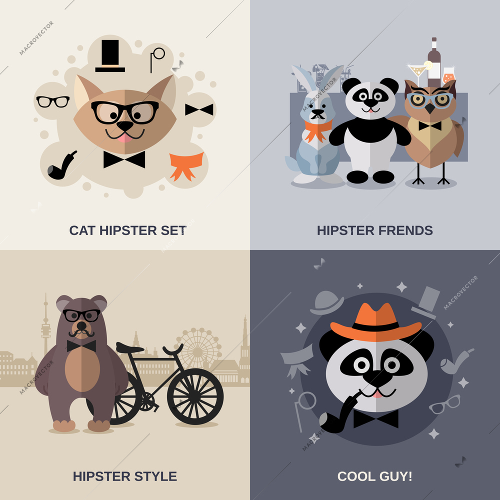 Animal hipster design concept set cool characters flat icons isolated vector illustration