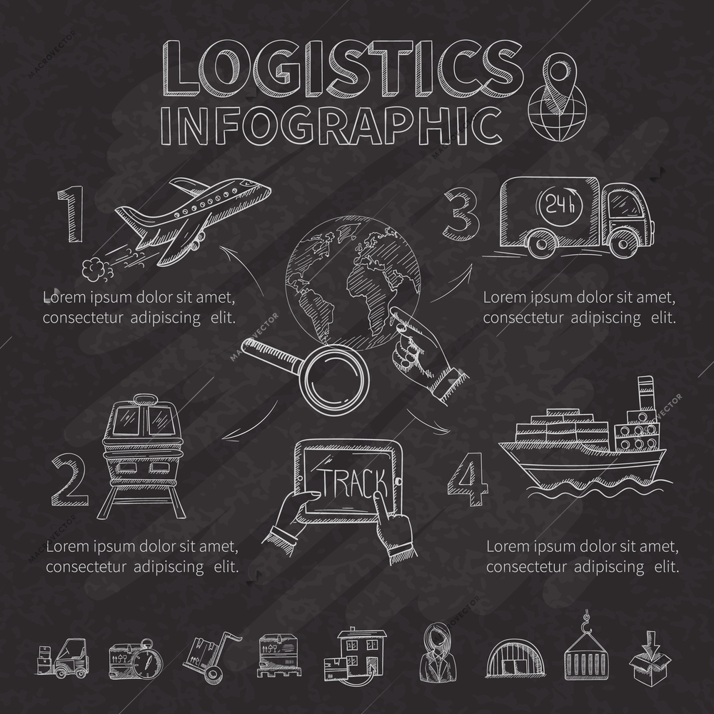 Logistic infographic set with chalkboard doodle shipping and transportation symbols vector illustration