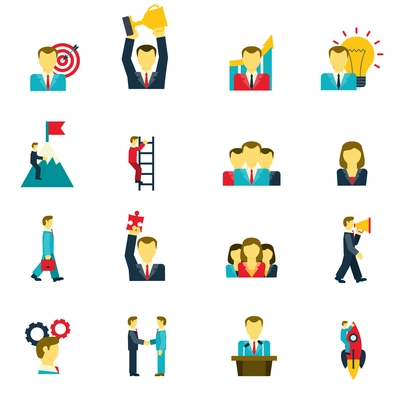 Leadership and success in business life and at work icons set flat isolated vector illustration