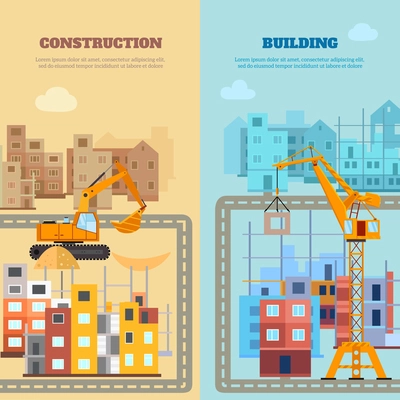 Construction and building vertical banner set with flat houses and machines isolated vector illustration