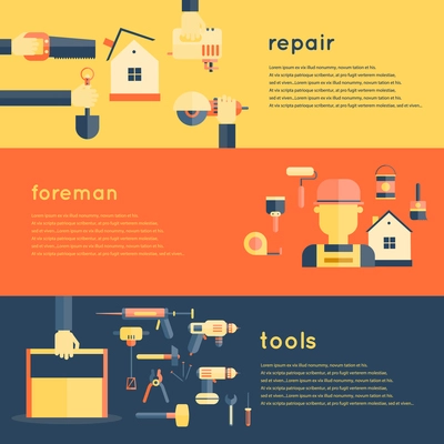 Foreman repair tools service construction home flat banner set isolated vector illustration