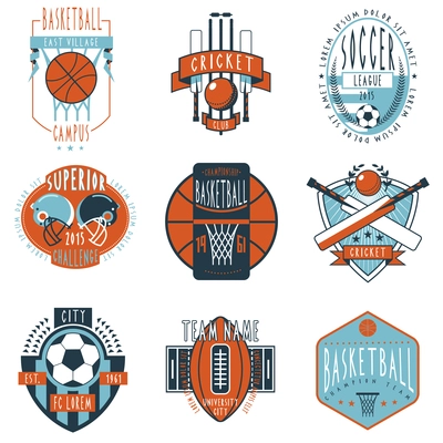 Professional sport campus league teams clubs and champions associations labels emblems icons collection abstract isolated vector illustration
