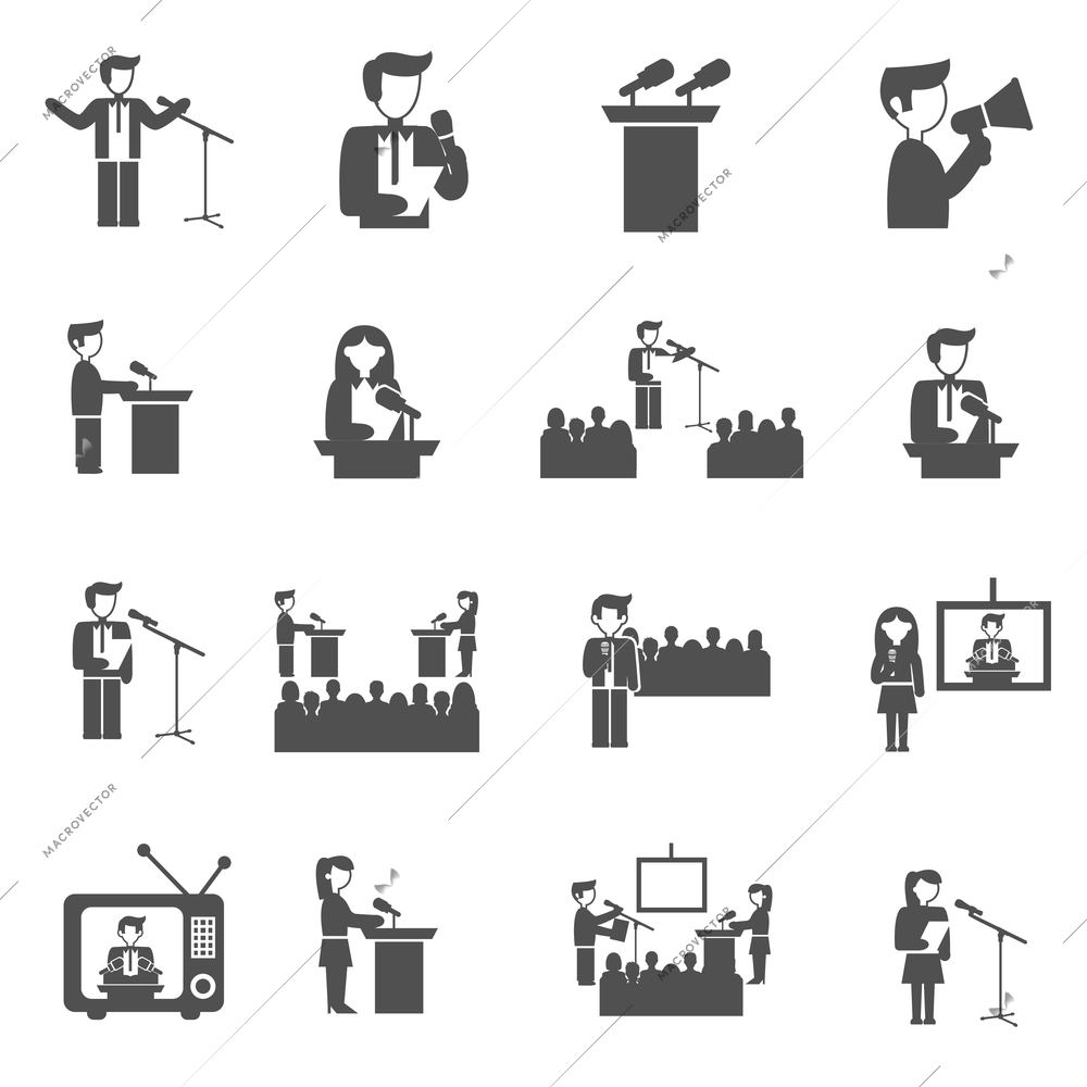 Public speaking seminar and presentation black icons set isolated vector illustration