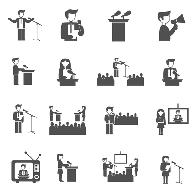 Public speaking seminar and presentation black icons set isolated vector illustration