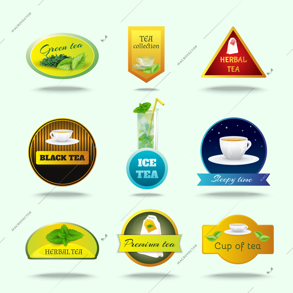 Tea labels set with green black herbal drink signs isolated vector illustration