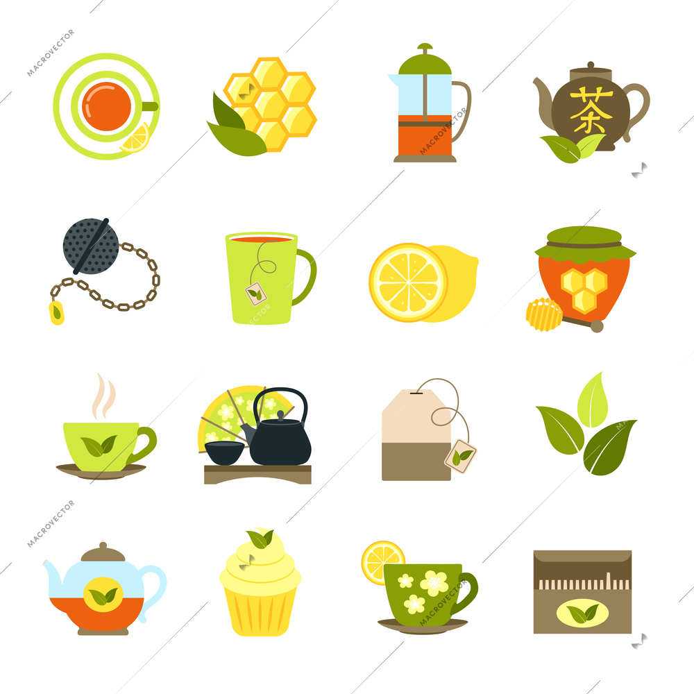 Black and green tea drink icons set with lemon honey teabag isolated vector illustration