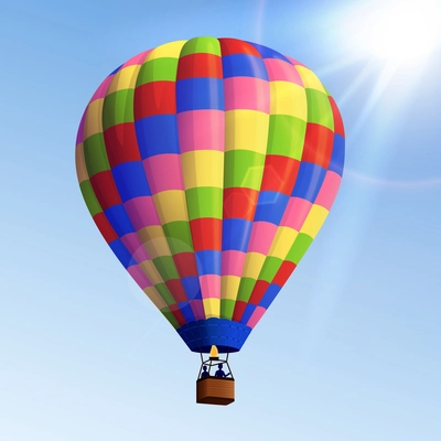 Realistic colorful striped flying air balloon with basket with blue sky background vector illustration